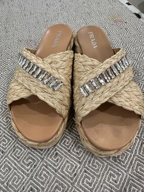 Prada Natural Raffia Slide Sandals with Crystal Straps